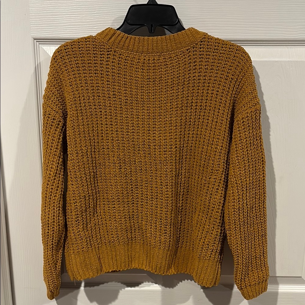 SO Women's Soft Mustard Open-Stitch Crewneck Sweater - Picture 3 of 5